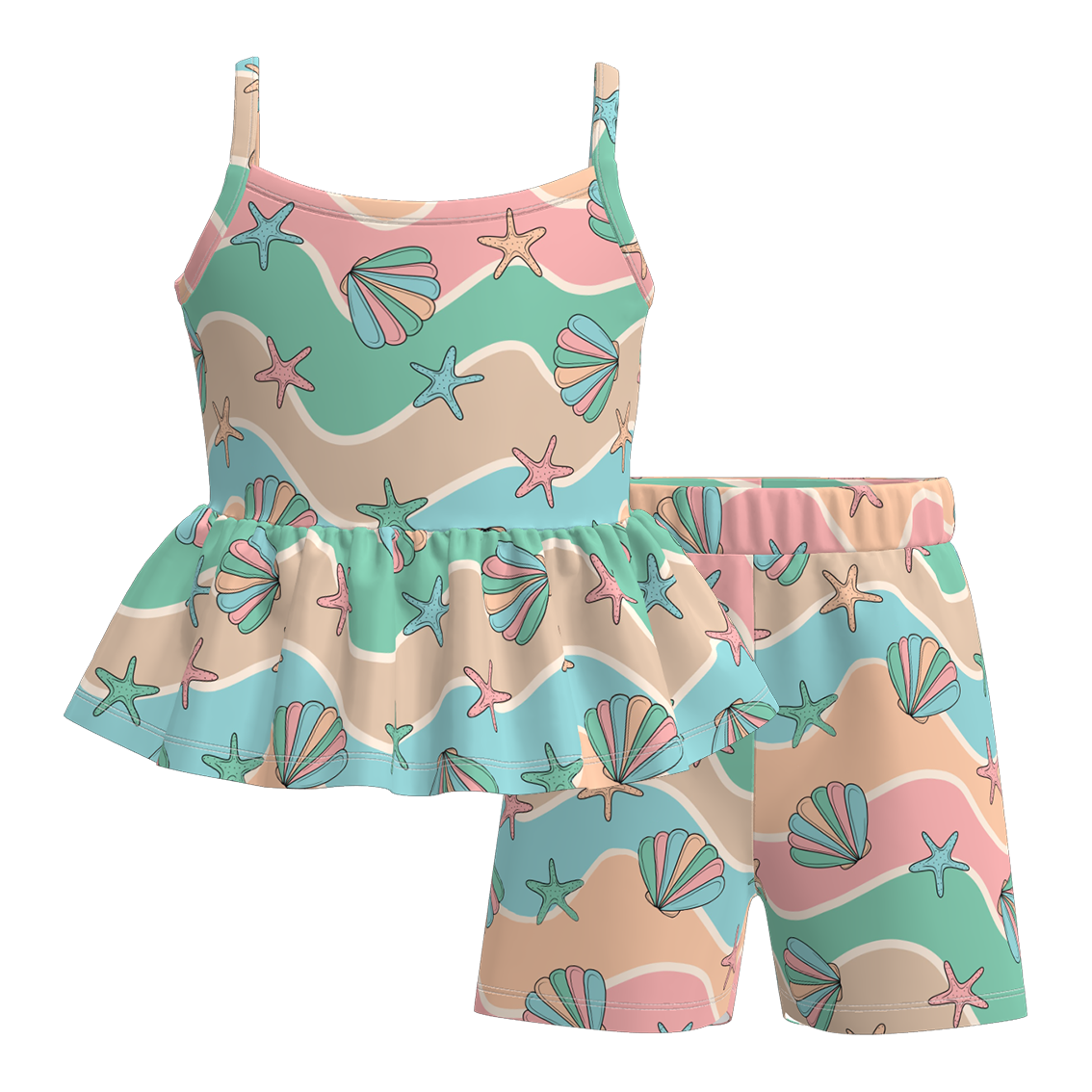 (Pre Order)Girls Spring and Summer Sea Side Print Shorts Set