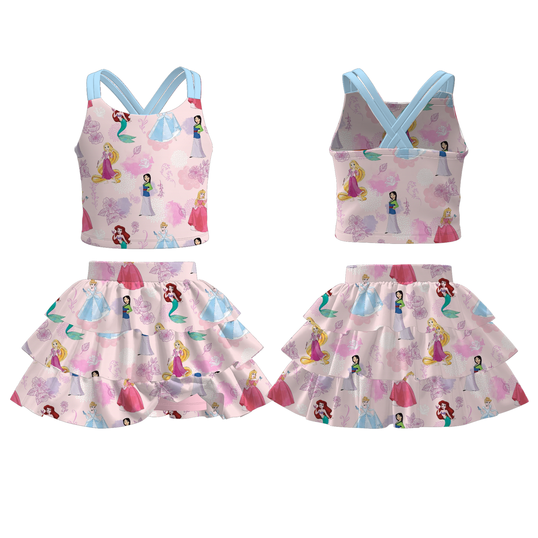 (Pre Order)Girls Spring and Summer Princess&Cartoon Print Skort Set