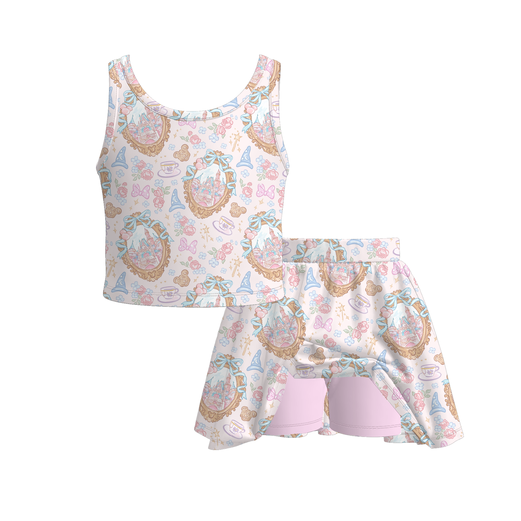 (Pre Order)Girls Summer Cartoon&Princess Print Skort Set