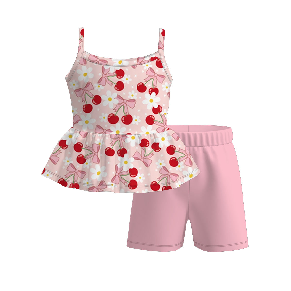 (Pre Order)Girls Spring and Summer Bow&Floral Print Shorts Set