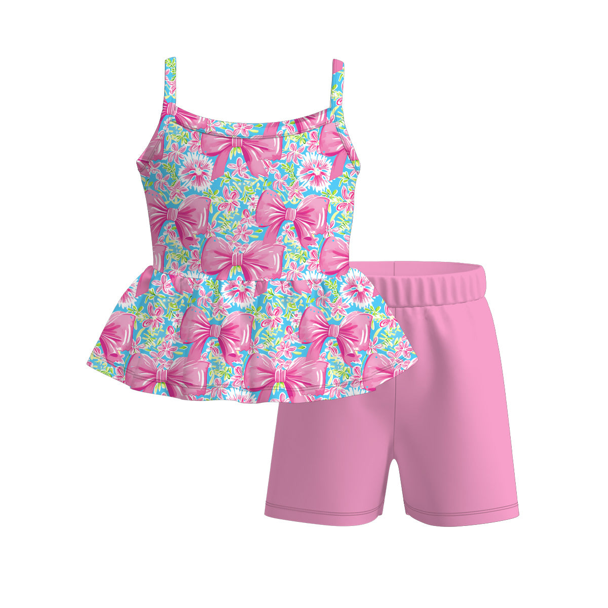 (Pre Order)Girls Spring and Summer Bow&Floral Print Shorts Set