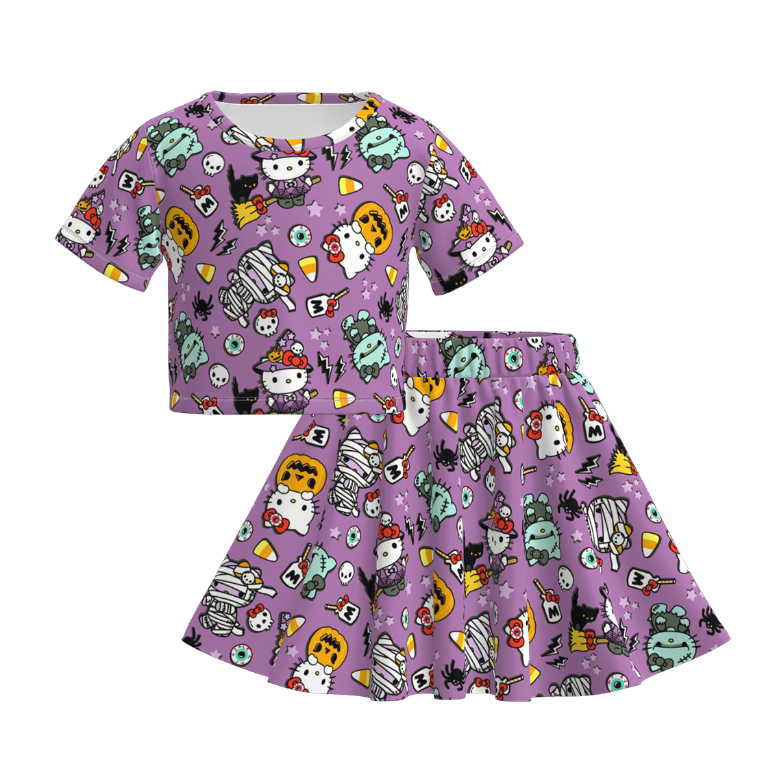 (Pre Order)Girls Halloween Cartoon Print Skirt Set