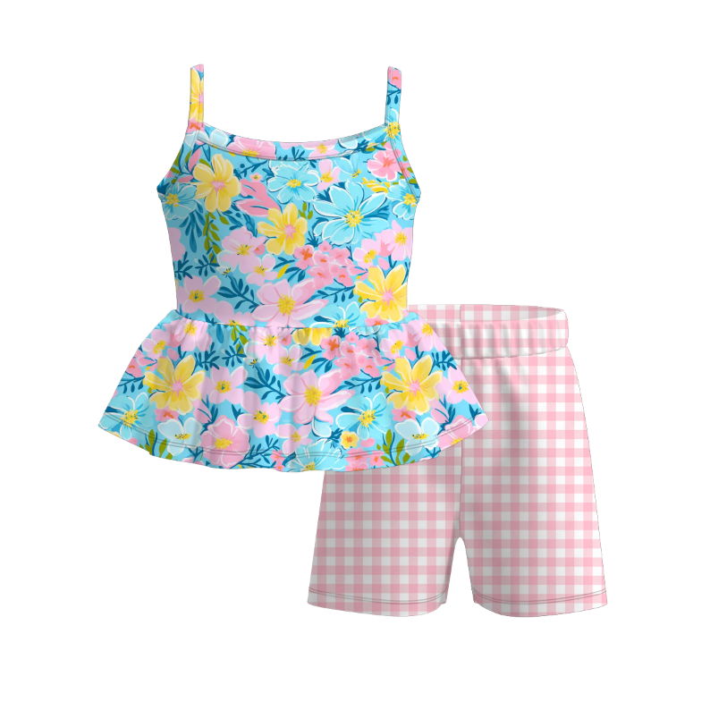 (Pre Order)Girls Spring and Summer Bow&Floral Print Shorts Set