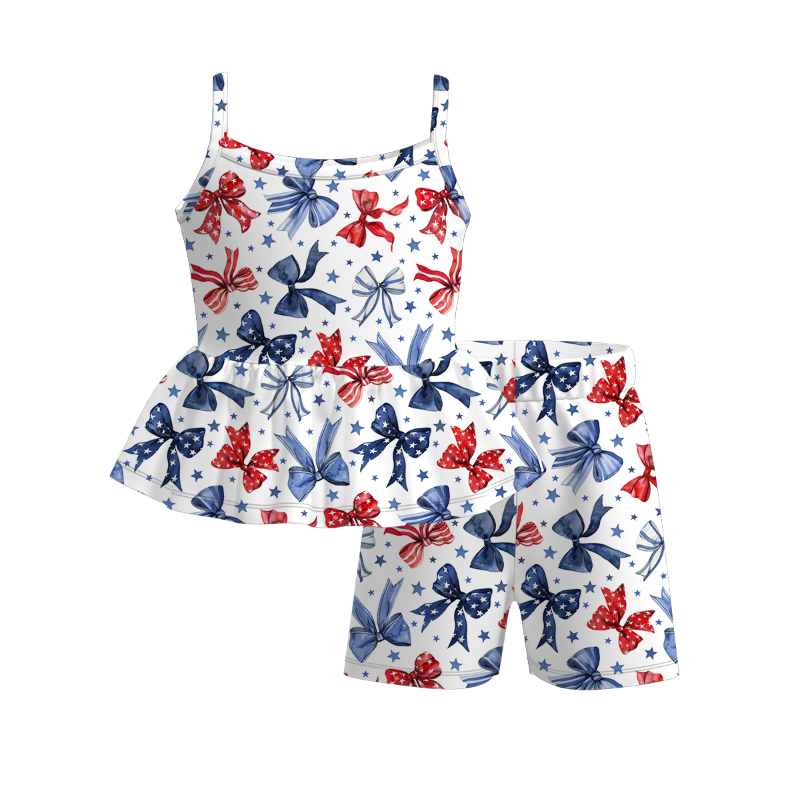 (Pre Order)Girls Spring and Summer Bow&Floral Print Shorts Set