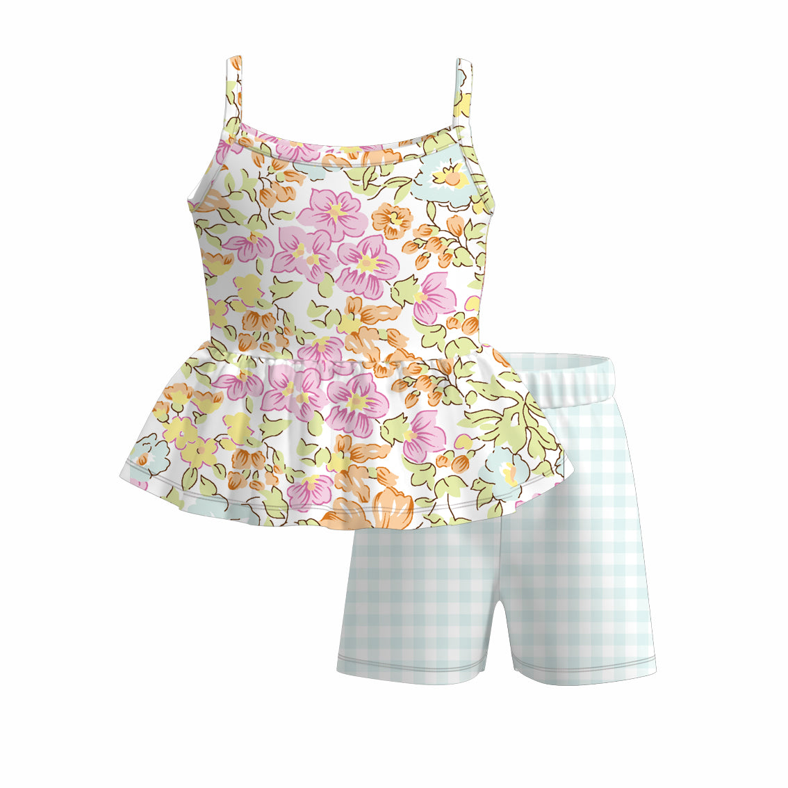 (Pre Order)Girls Spring and Summer Bow&Floral Print Shorts Set