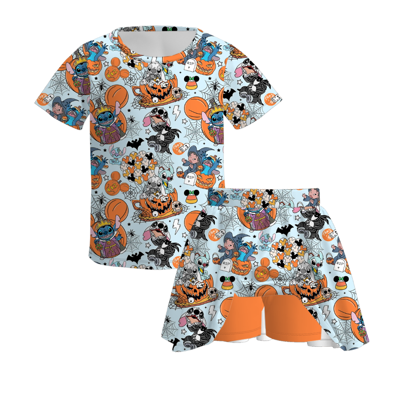 (Pre Order)Girls Halloween Cartoon Print Skort Set