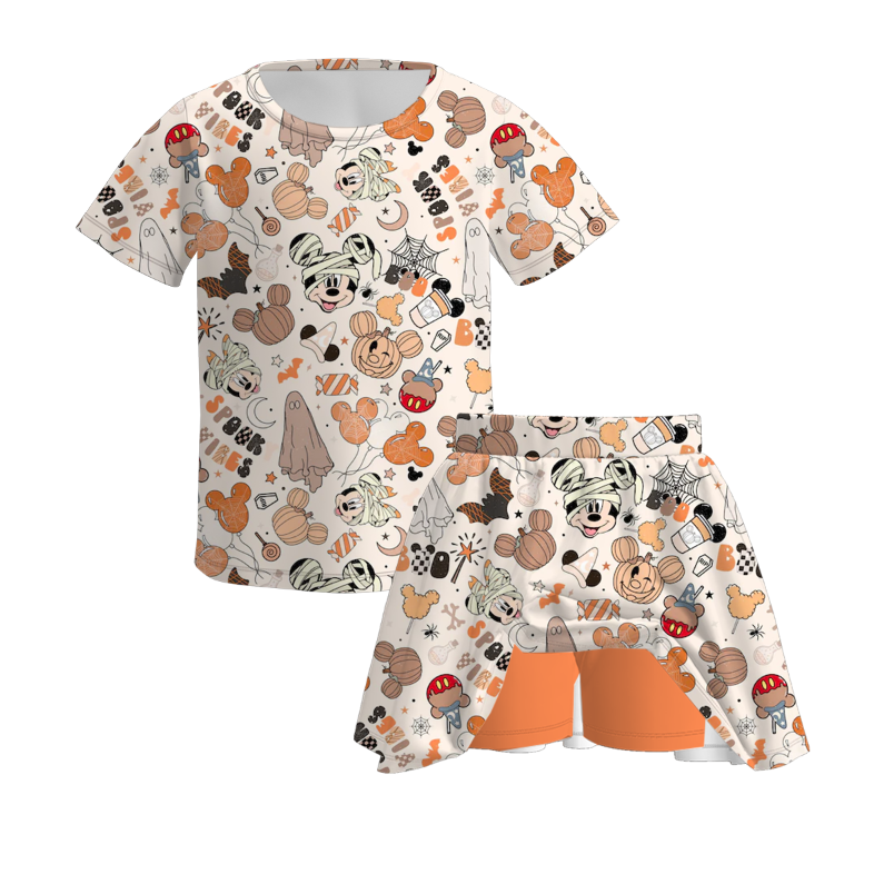 (Pre Order)Girls Halloween Cartoon Print Skort Set
