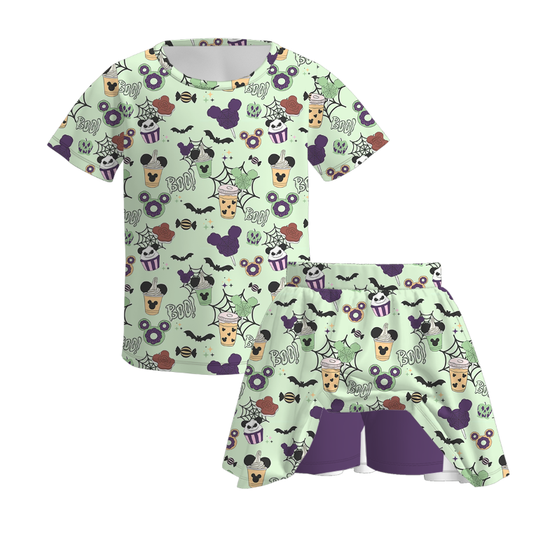 (Pre Order)Girls Halloween Cartoon Print Skort Set