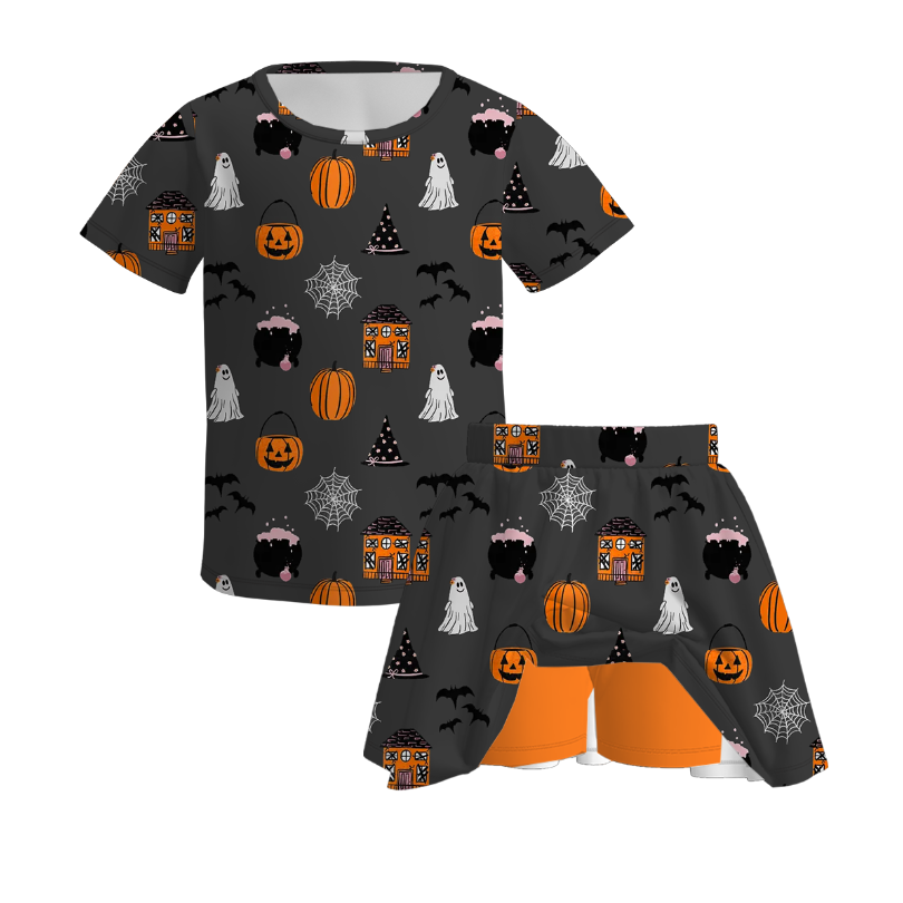 (Pre Order)Girls Halloween Pumpkin Print Skort set