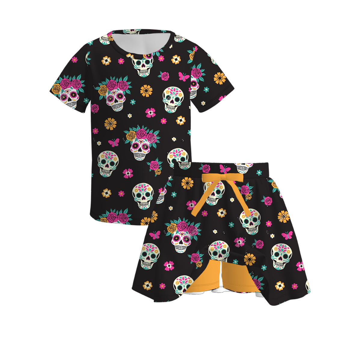 (Pre Order)Girls Halloween Sugar Skull Print Dress,Set&Pants