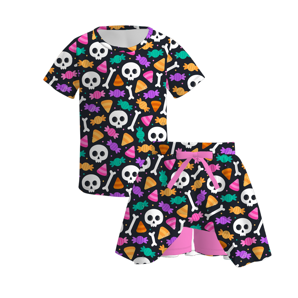 (Pre Order)Girls Halloween Sugar Skull Print Dress,Set&Pants