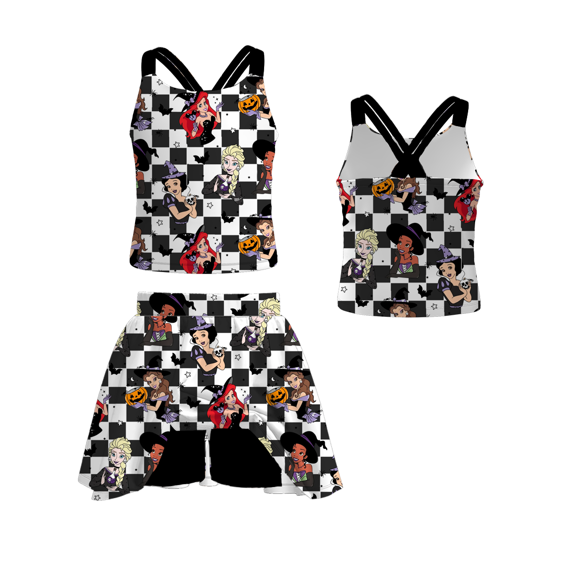 (Pre Order)Girls Halloween Princess Print Dress&Skort Set