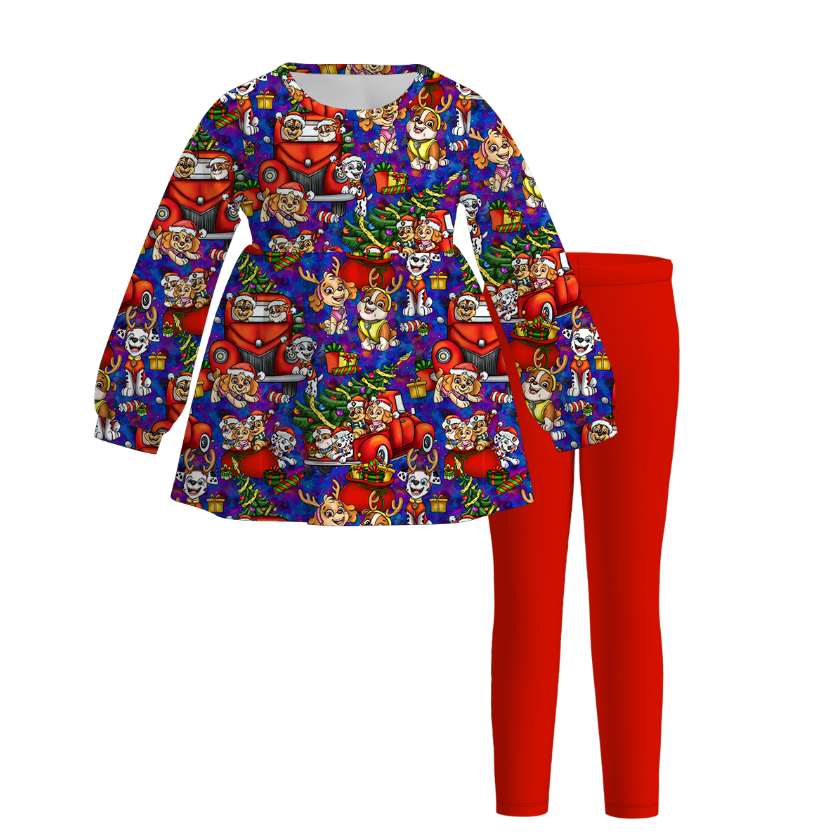 (Pre Order)Girls Christmas Cartoon Print Outfit Set