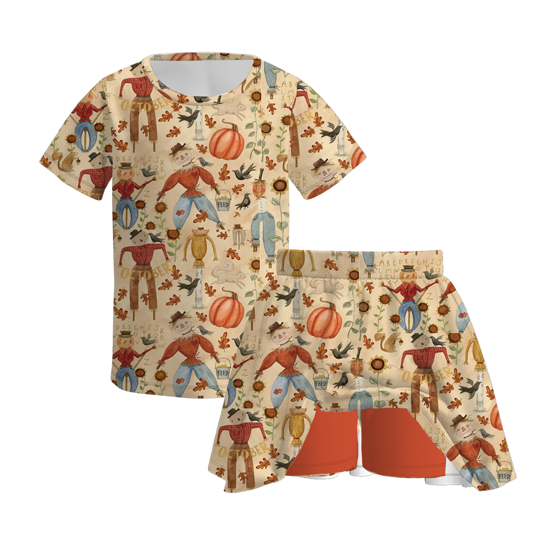 (Pre Order)Girls Fall Cartoon Print Skort Set
