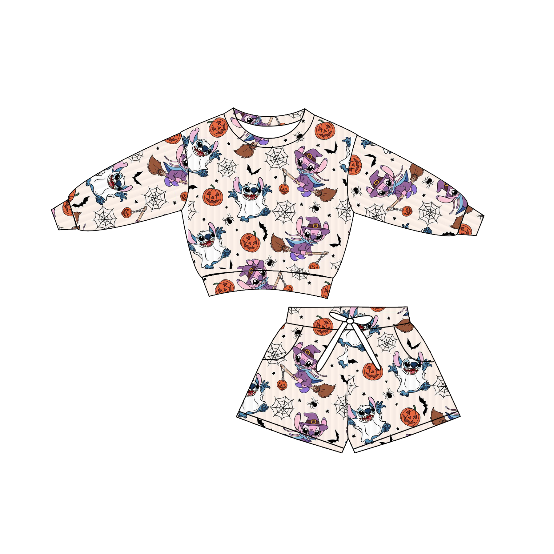 (Pre Order)Girls Halloween Cartoon Print Shorts Set with Pockets