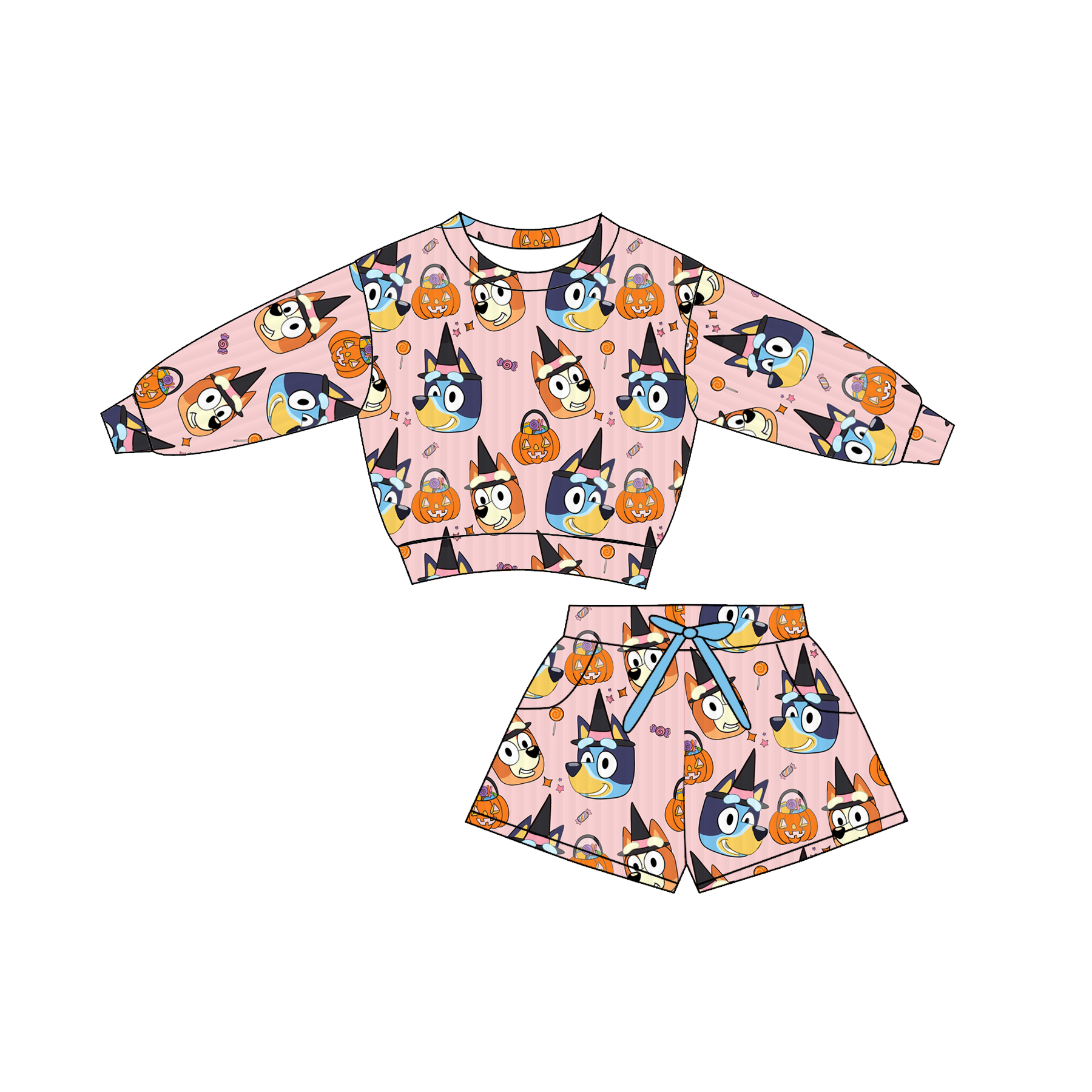 (Pre Order)Girls Halloween Cartoon Print Shorts Set with Pockets