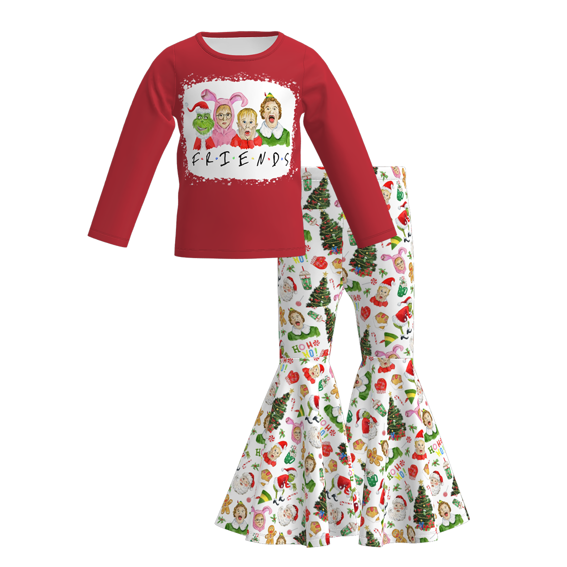 (Pre Order)Girls Christmas Cartoon Print Outfit Set