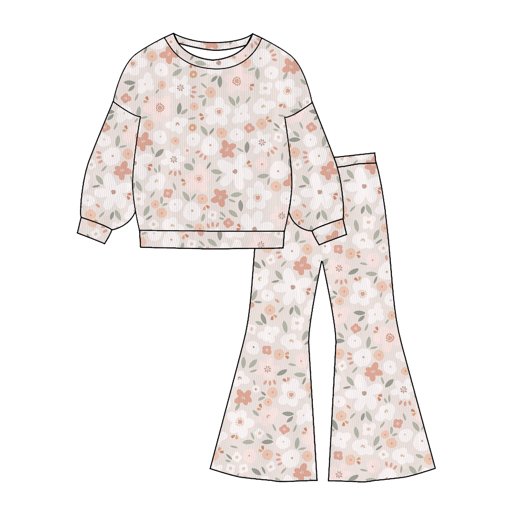 (Pre Order)Girls Fall Pumpkin&Floral Print Twill Sweatshirt Suit