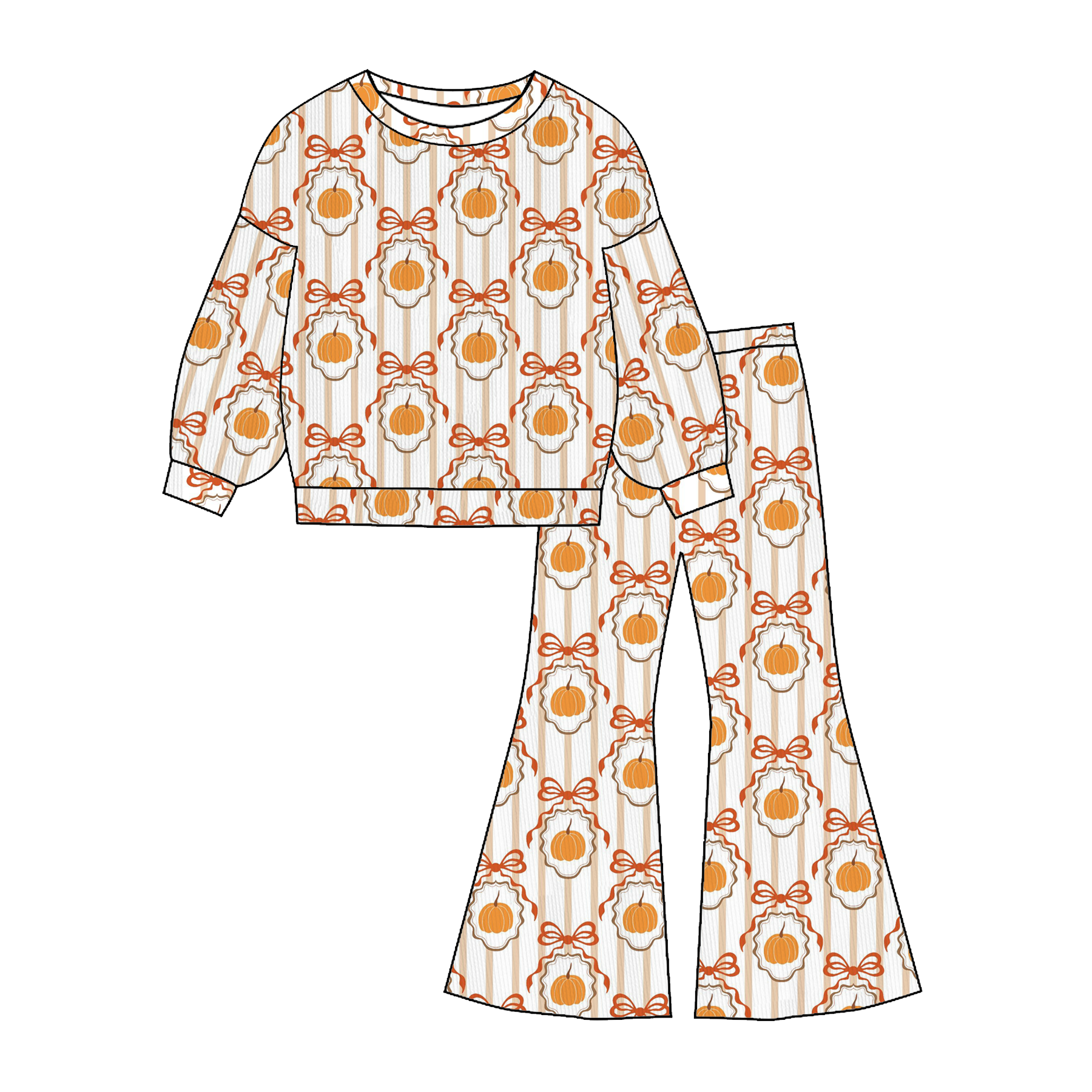 (Pre Order)Girls Fall Pumpkin&Floral Print Twill Sweatshirt Suit