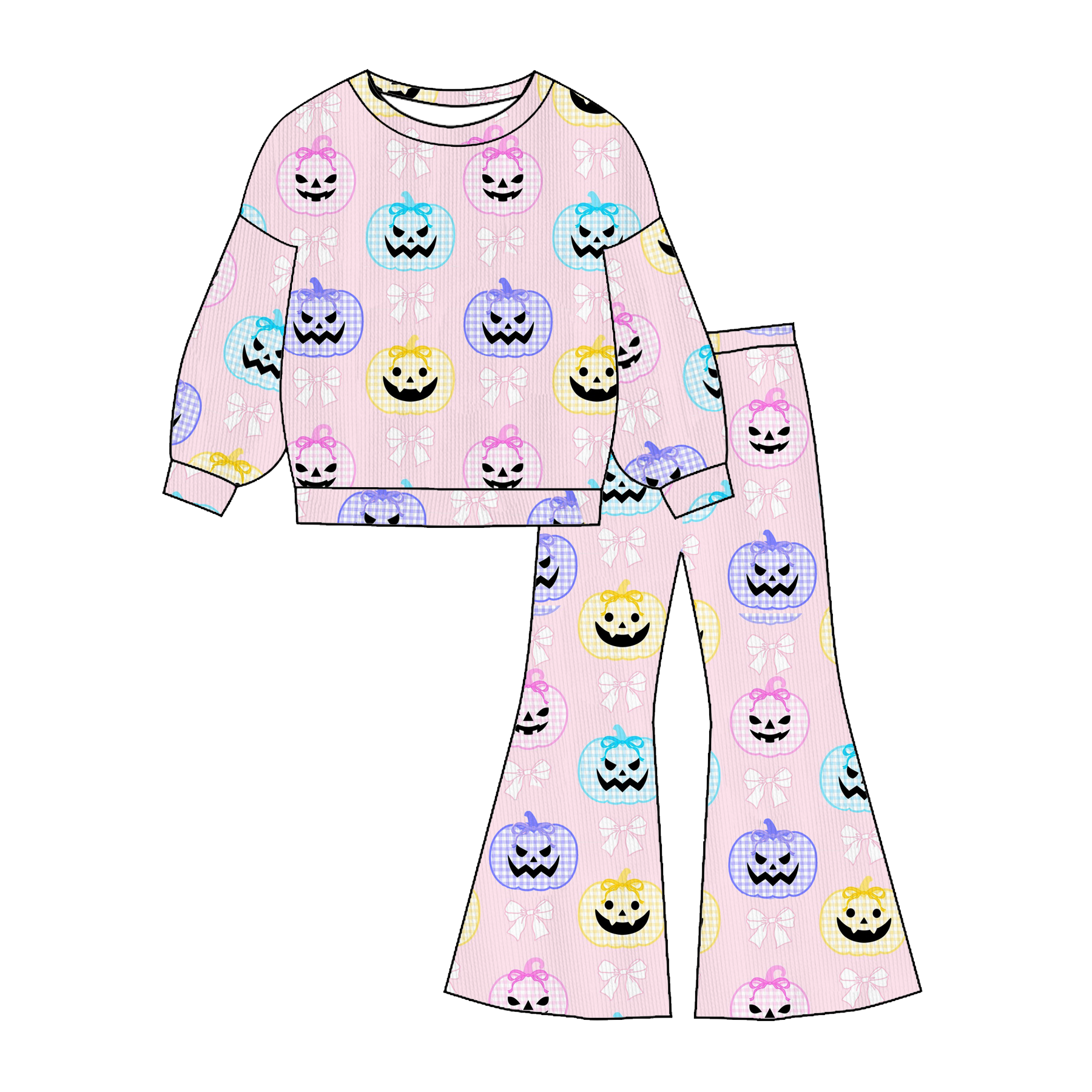 (Pre Order)Girls Fall Pumpkin&Floral Print Twill Sweatshirt Suit