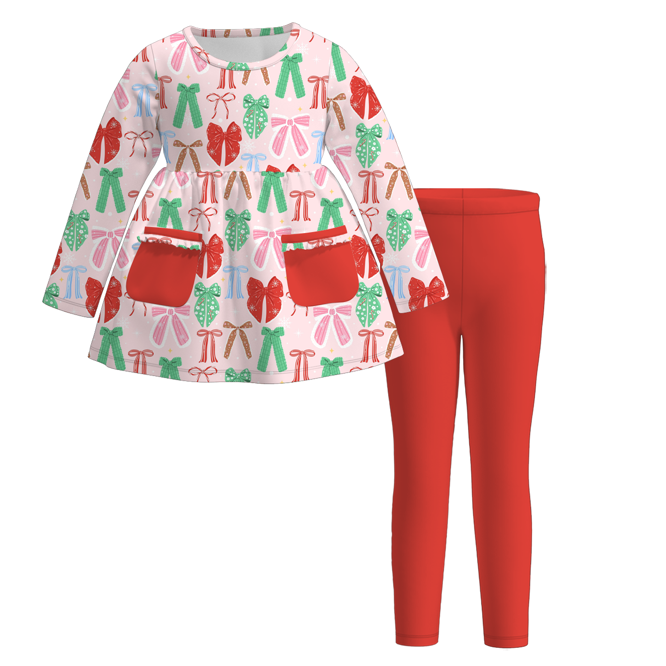 (Pre Order)Girls Christmas Bow Print Dress,Set,Top&Pants