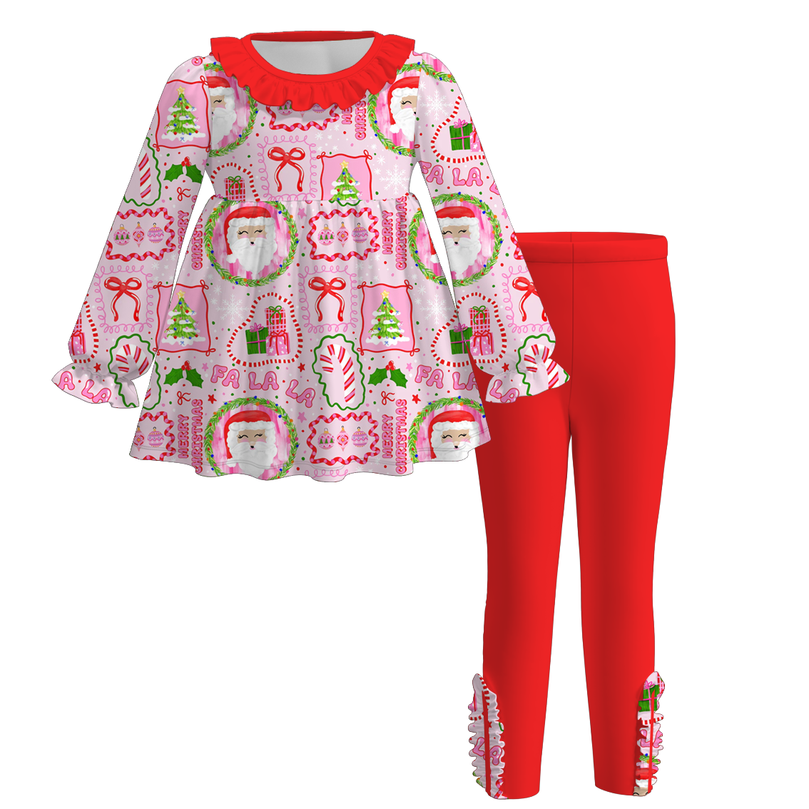 (Pre Order)Girls Christmas Santa Claus Print Dress&Outfit Set