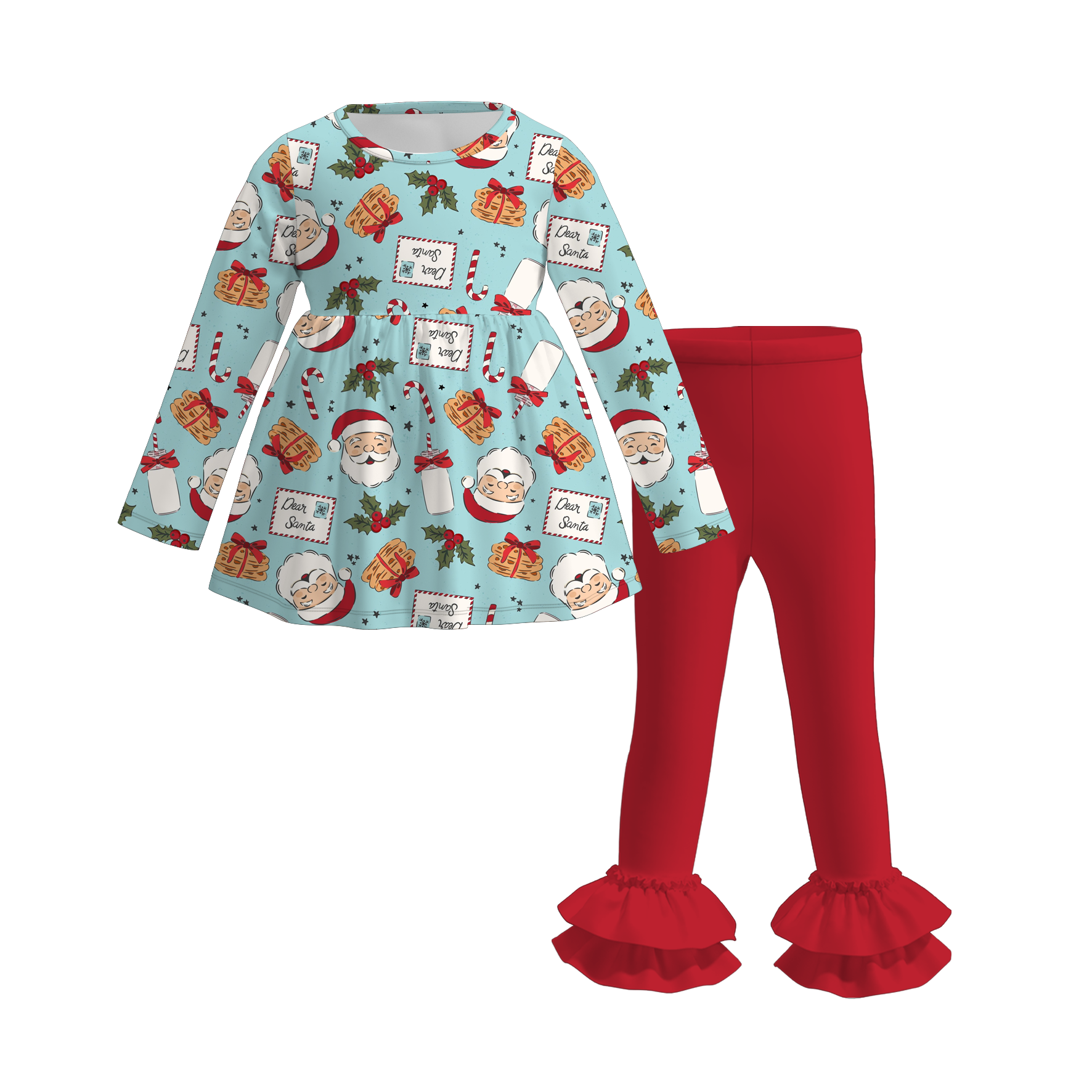 (Pre Order)Girls Christmas Santa Claus Print Dress&Outfit Set