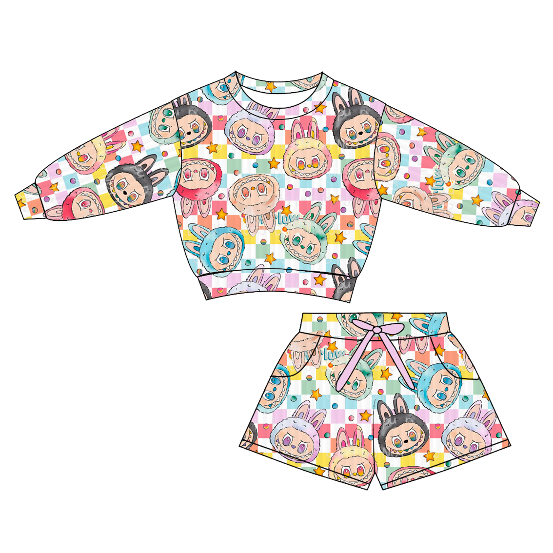 (Pre Order)Girls Halloween Cartoon Print Shorts Set with Pockets