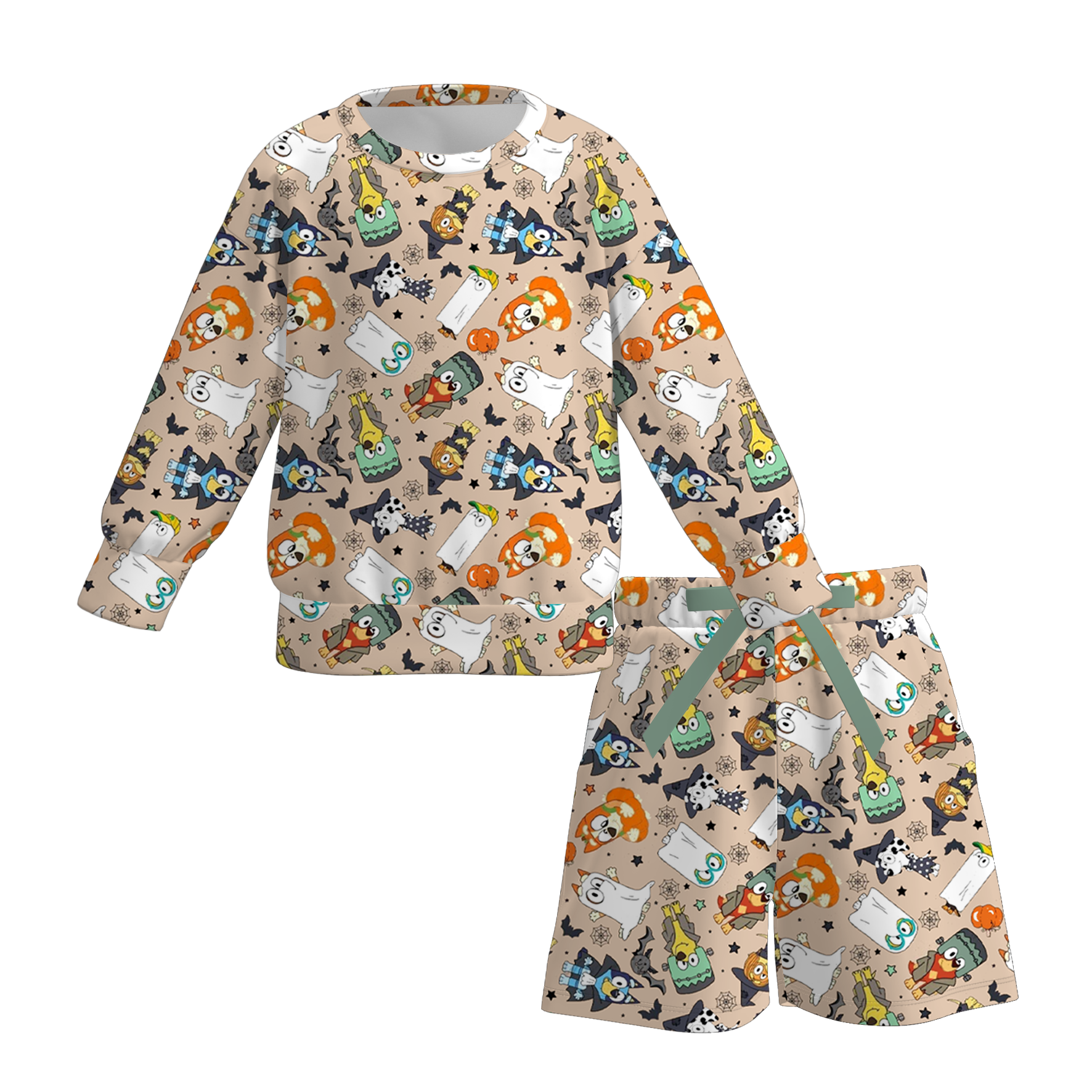 (Pre Order)Girls Halloween Cartoon Print Shorts Set with Pockets