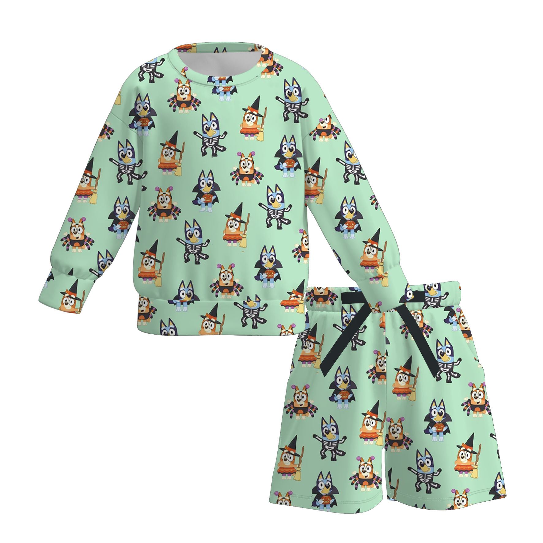 (Pre Order)Girls Halloween Cartoon Print Shorts Set with Pockets