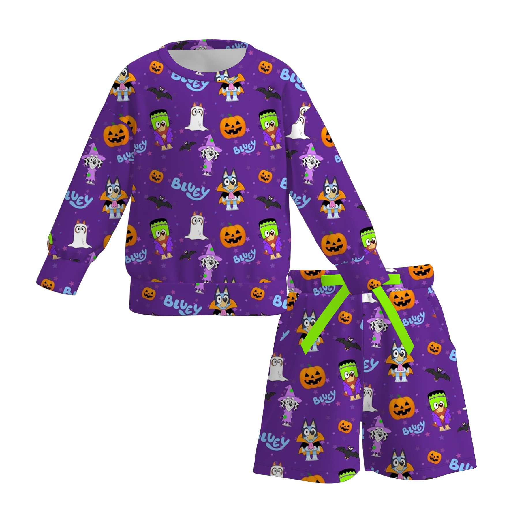 (Pre Order)Girls Halloween Cartoon Print Shorts Set with Pockets