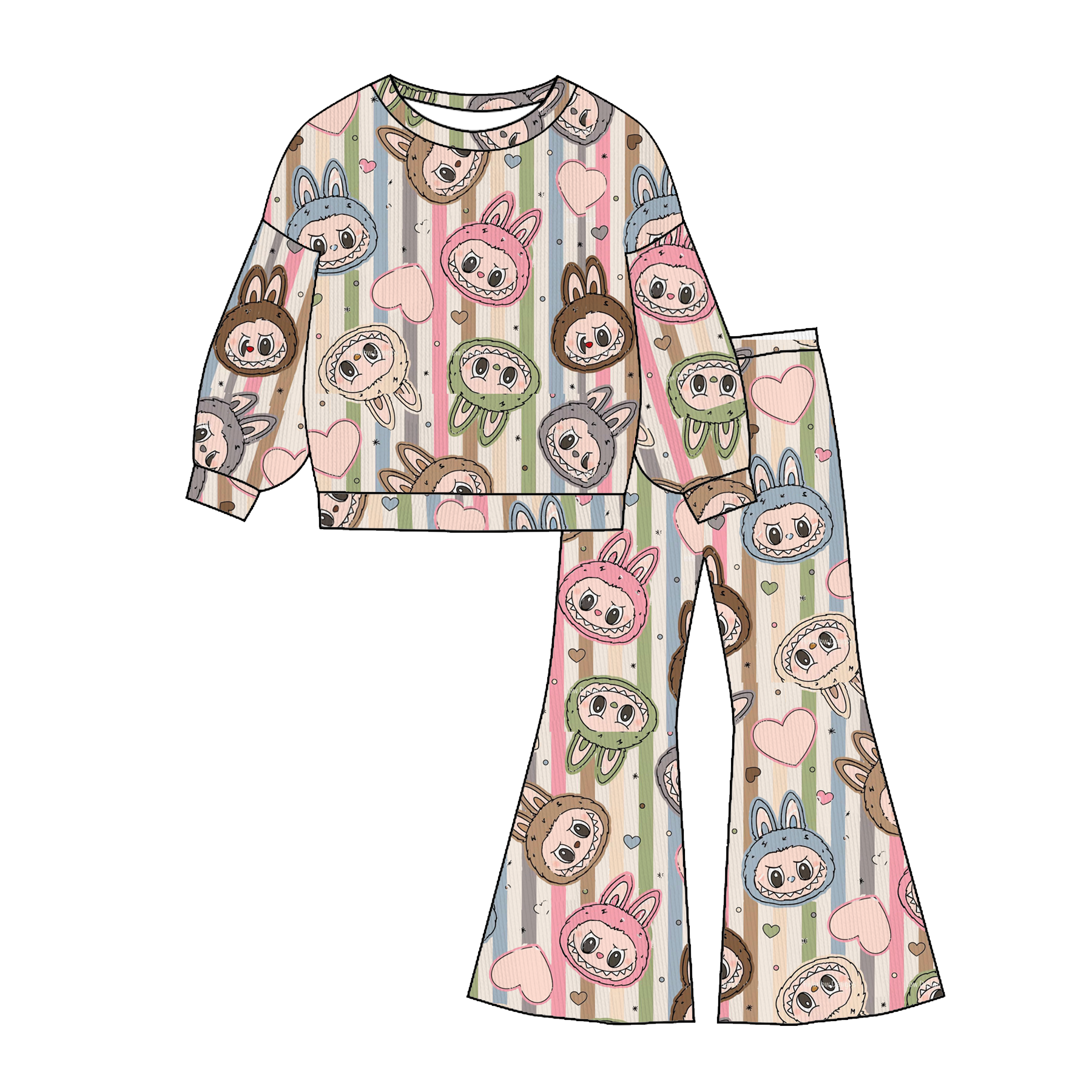 (Pre Order)Girls Fall Cartoon Print Twill Sweatshirt Suit&Skort Set