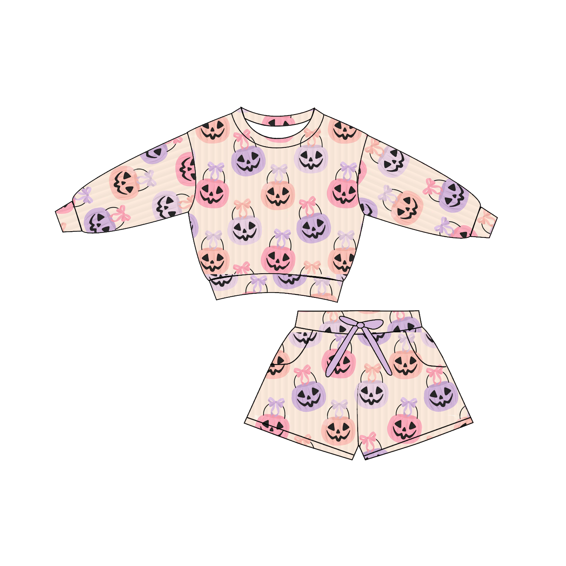 (Pre Order)Girls Fall&Winter Pumpkin Print Shorts Set with Pockets