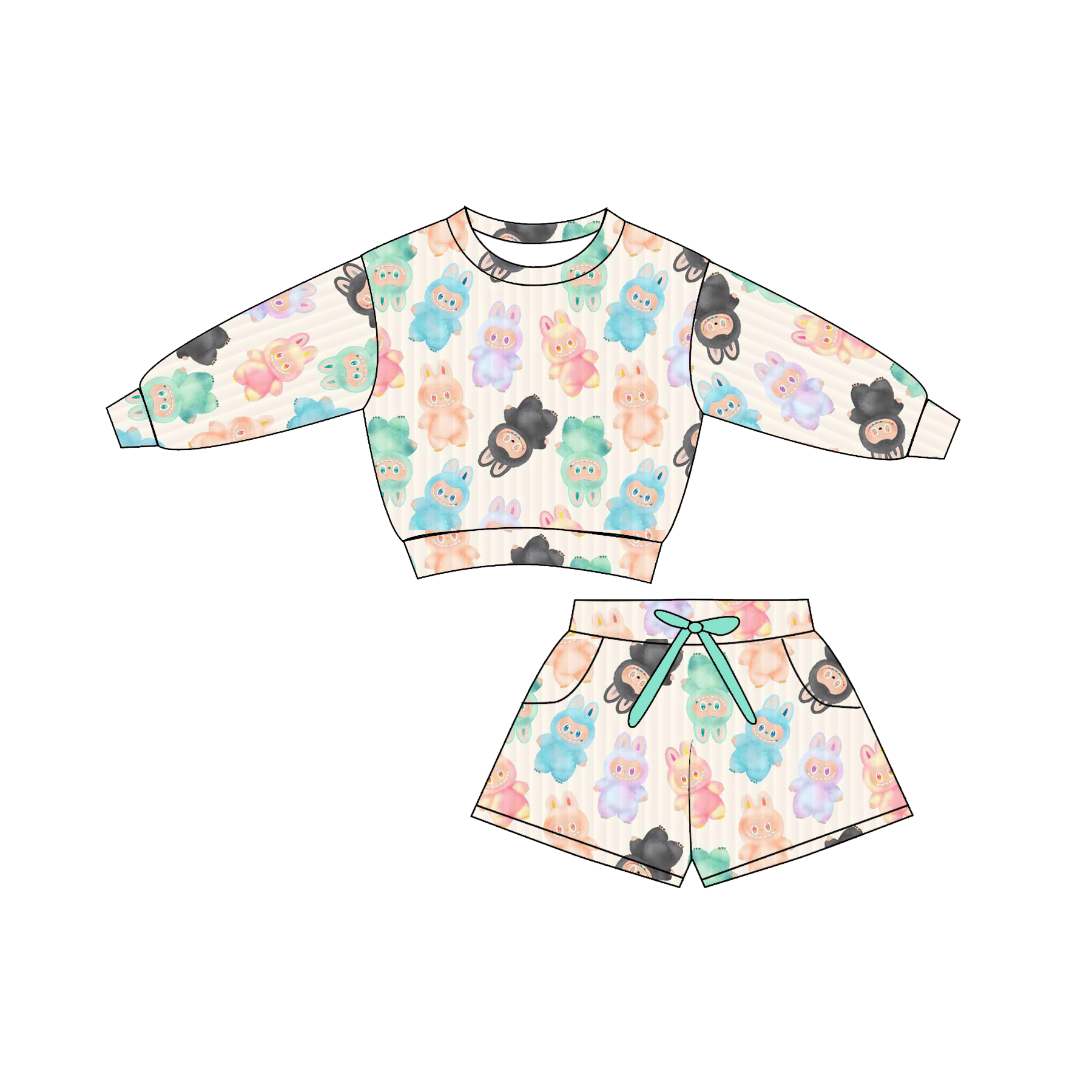 (Pre Order)Girls Fall&Winter Cartoon Print Shorts Set with Pockets