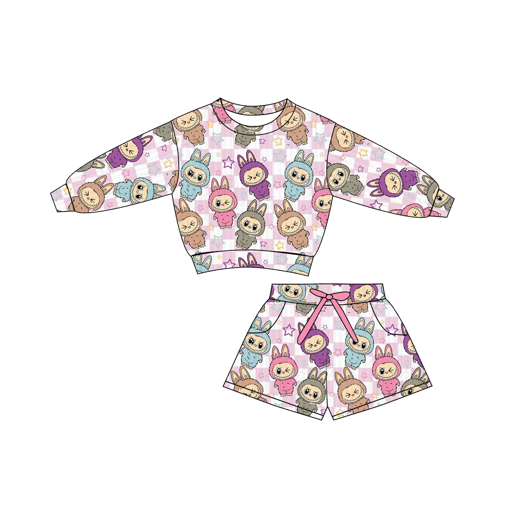 (Pre Order)Girls Fall&Winter Cartoon Print Shorts Set with Pockets