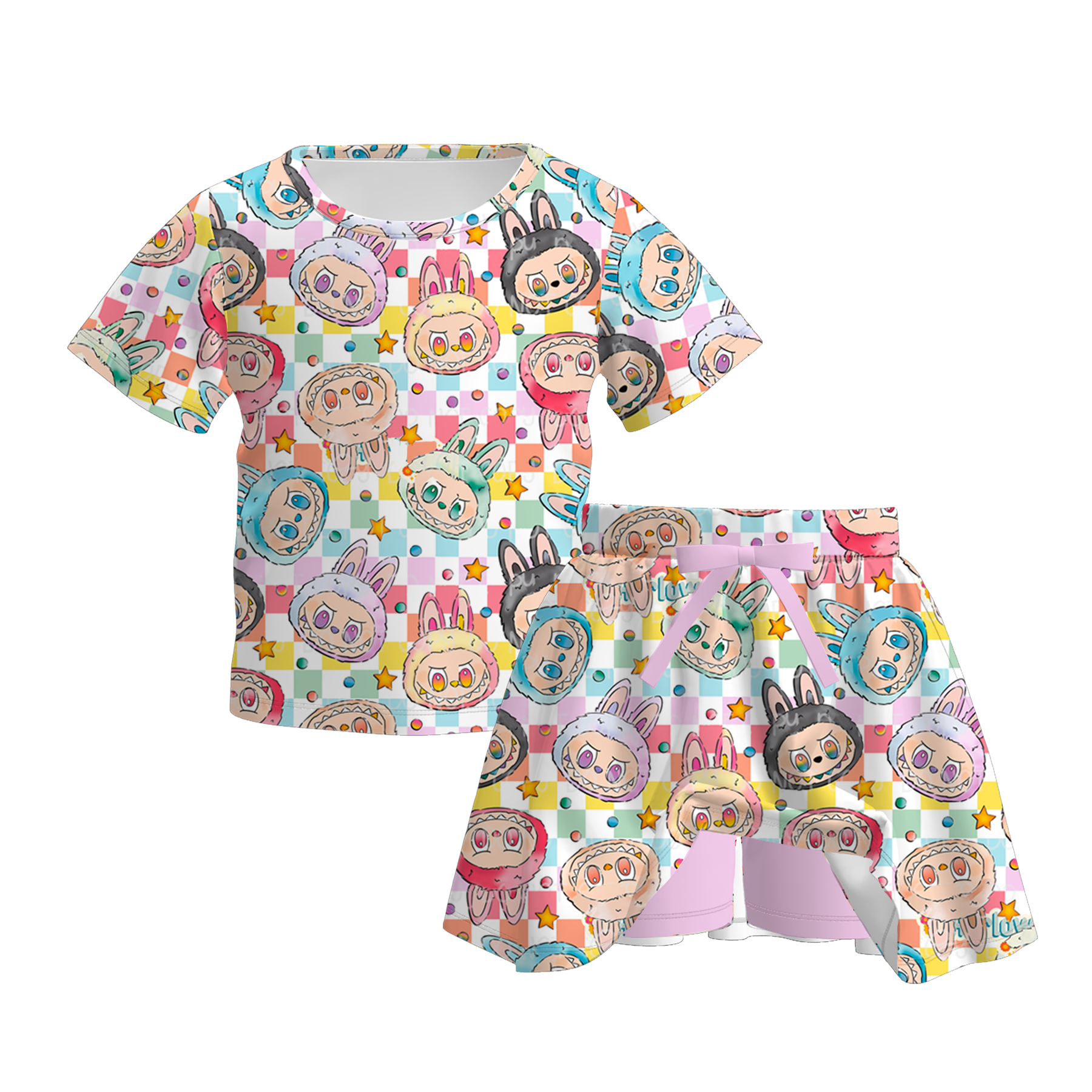 (Pre Order)Girls Fall Cartoon Print Twill Sweatshirt Suit&Skort Set
