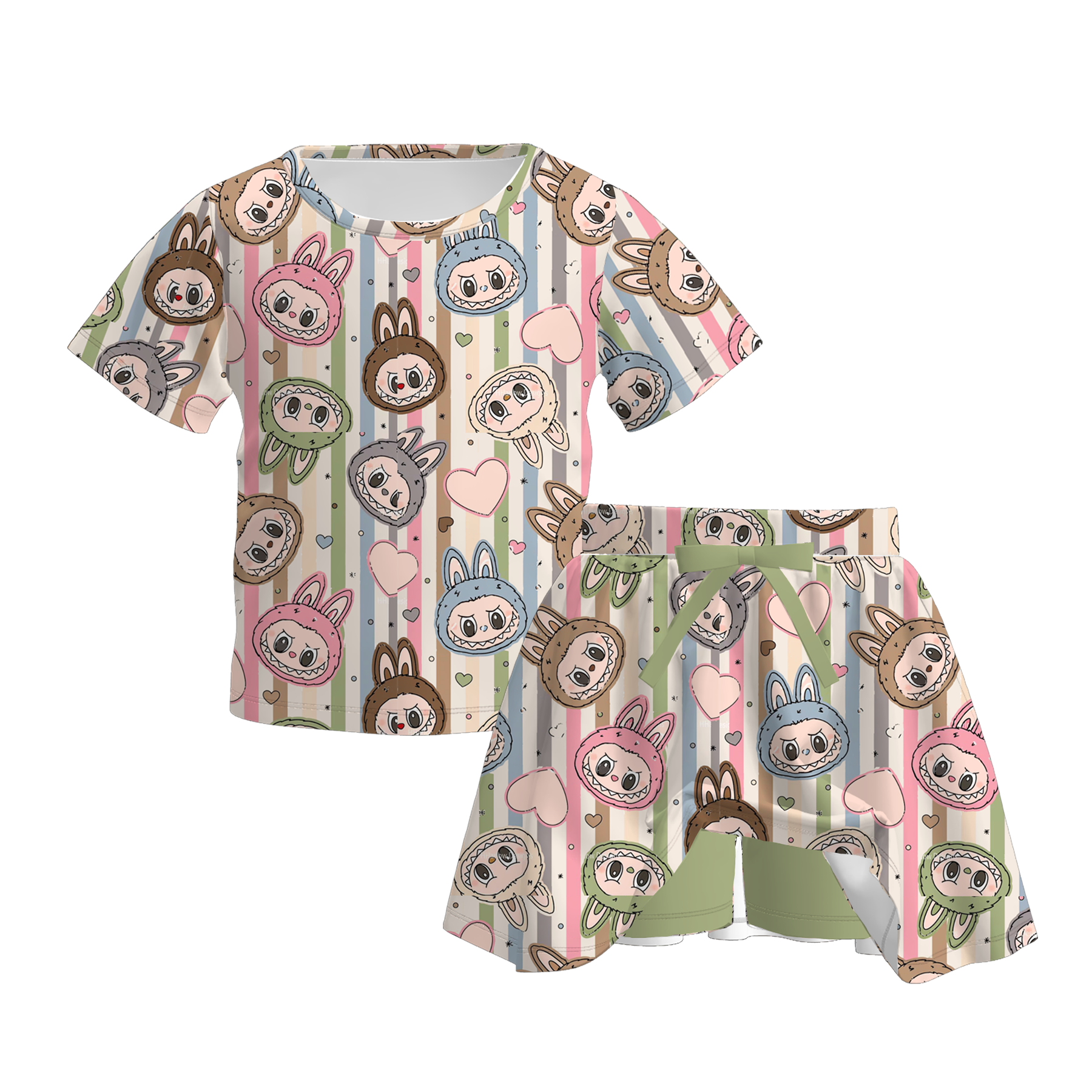 (Pre Order)Girls Fall Cartoon Print Twill Sweatshirt Suit&Skort Set