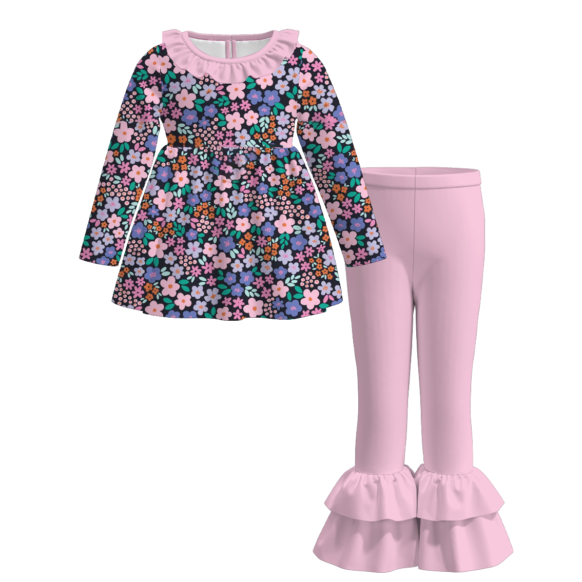 (Pre Order)Girls Fall&Winter Floral Print Ruffle Outfit Set