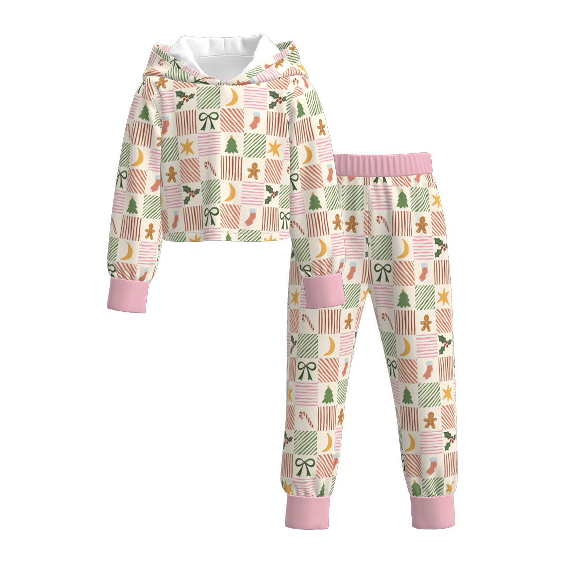 (Pre Order)Girls Christmas Plaid Print Hoodie Set