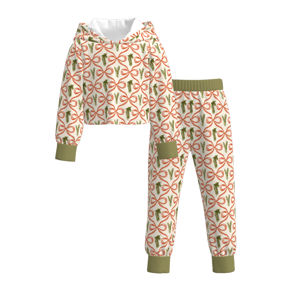 (Pre Order)Girls Christmas Bow Print Hoodie Set