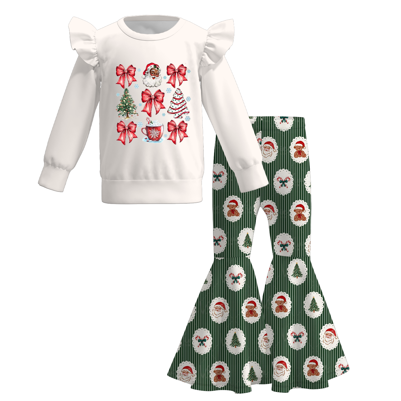 (Pre Order)Girls Christmas Print Ruffle Sweatshirt Set