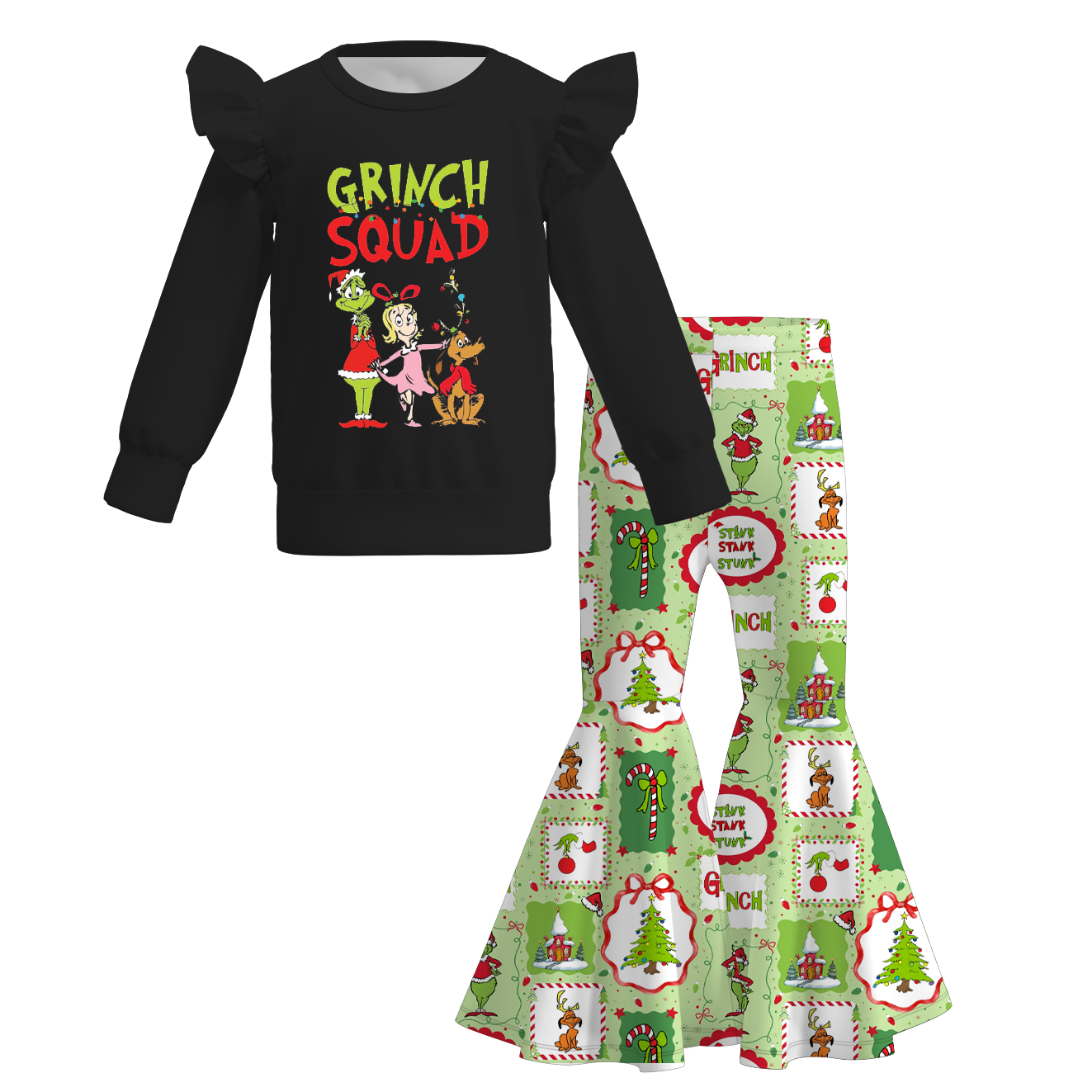 (Pre Order)Girls Christmas Cartoon Print Outfit Set