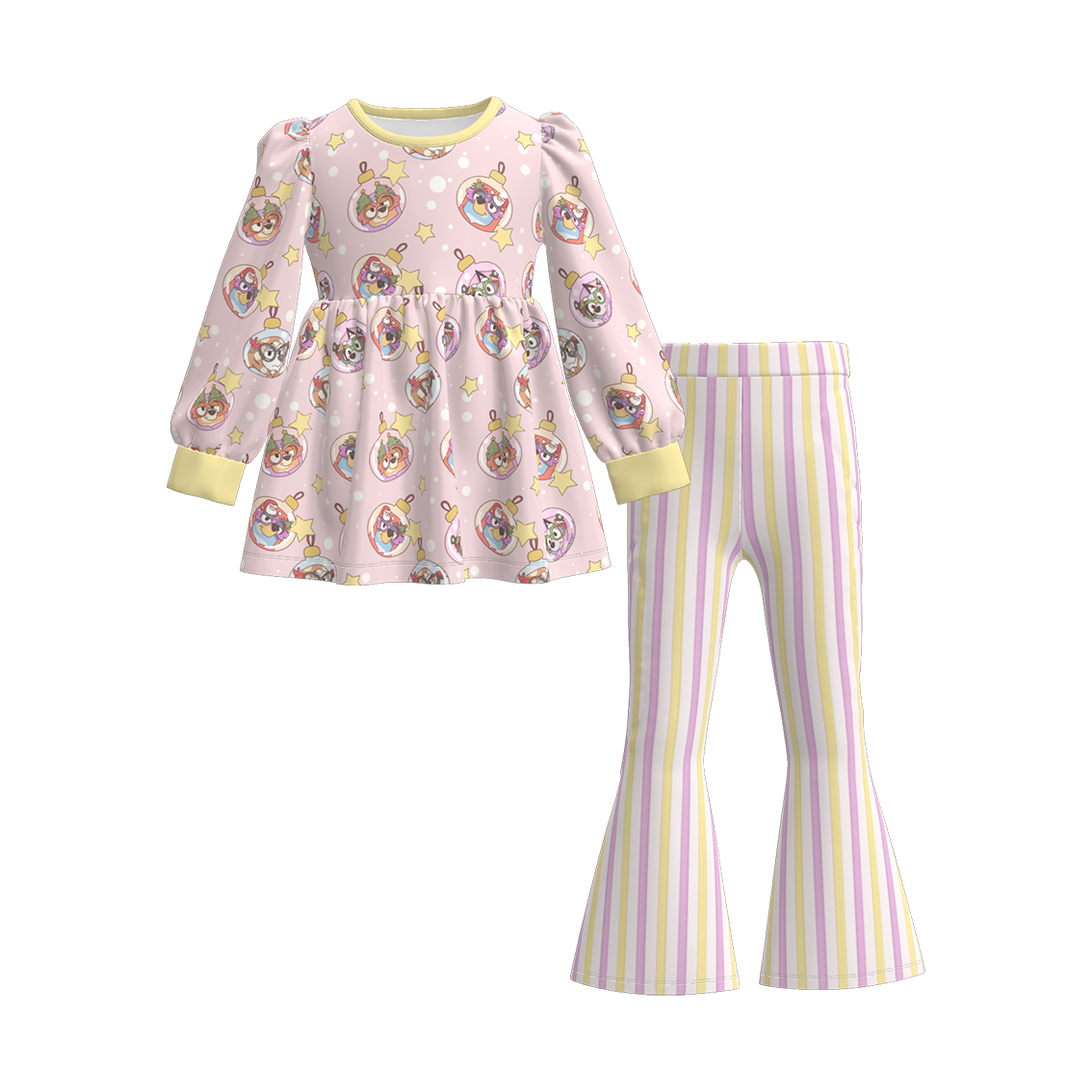 (Pre Order)Girls Christmas Cartoon Print Outfit Set