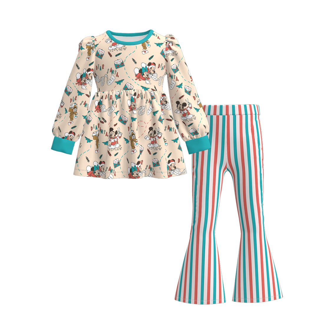 (Pre Order)Girls Christmas Cartoon Print Outfit Set