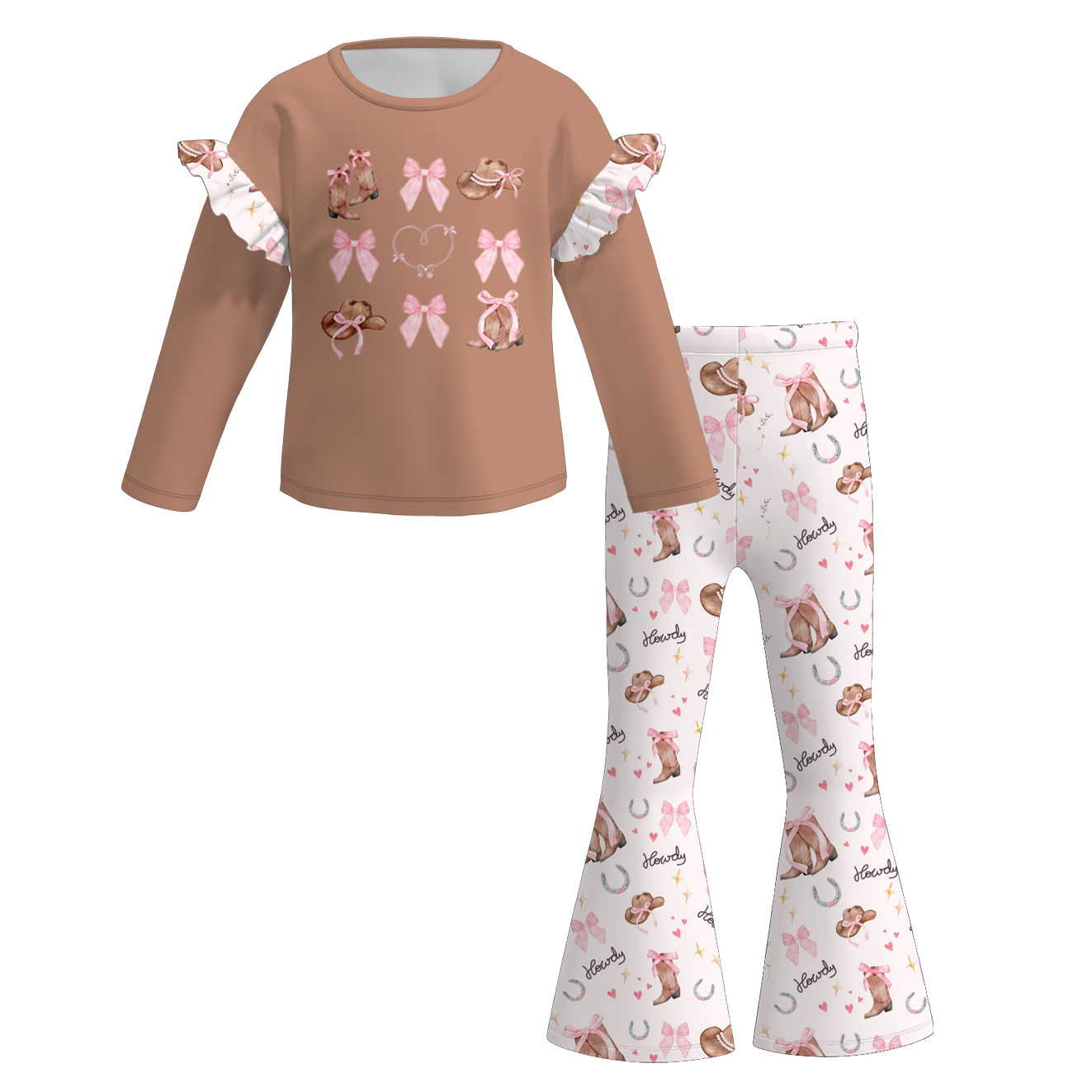 (Pre Order)Girls Fall Bow&Boots Print Outfit Set