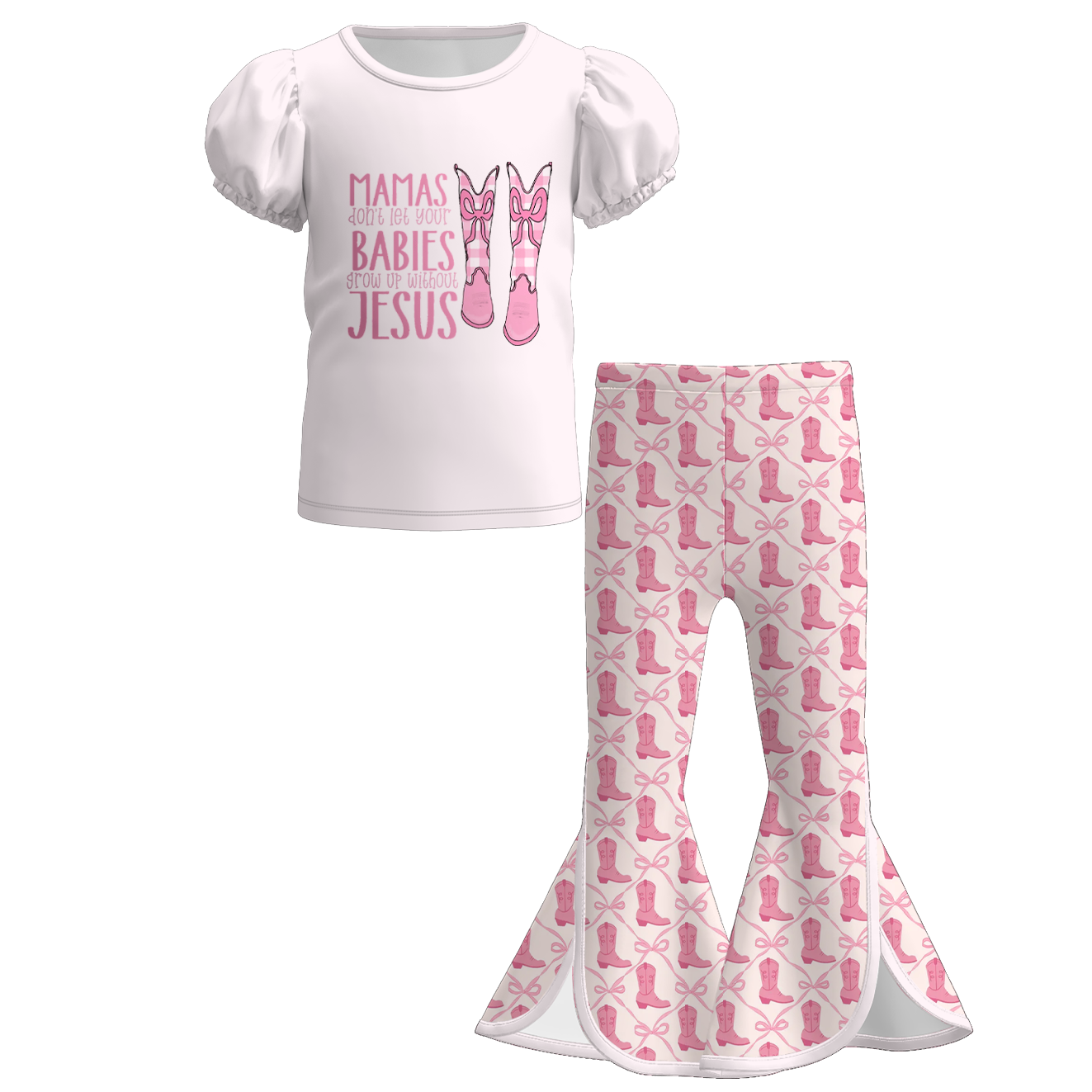 (Pre Order)Girls Fall Bow&Boots Print Outfit Set