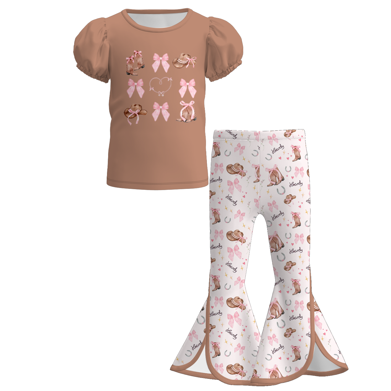 (Pre Order)Girls Fall Bow&Boots Print Outfit Set
