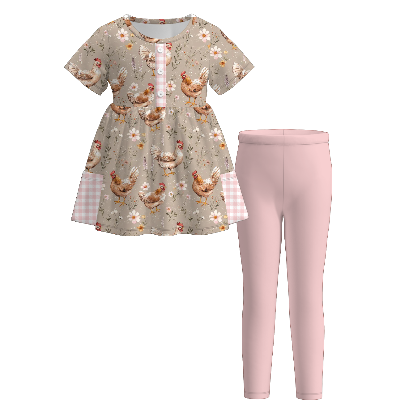 (Pre Order)Girls Fall Farm Chick&Boots Print Outfit Set with Pockets