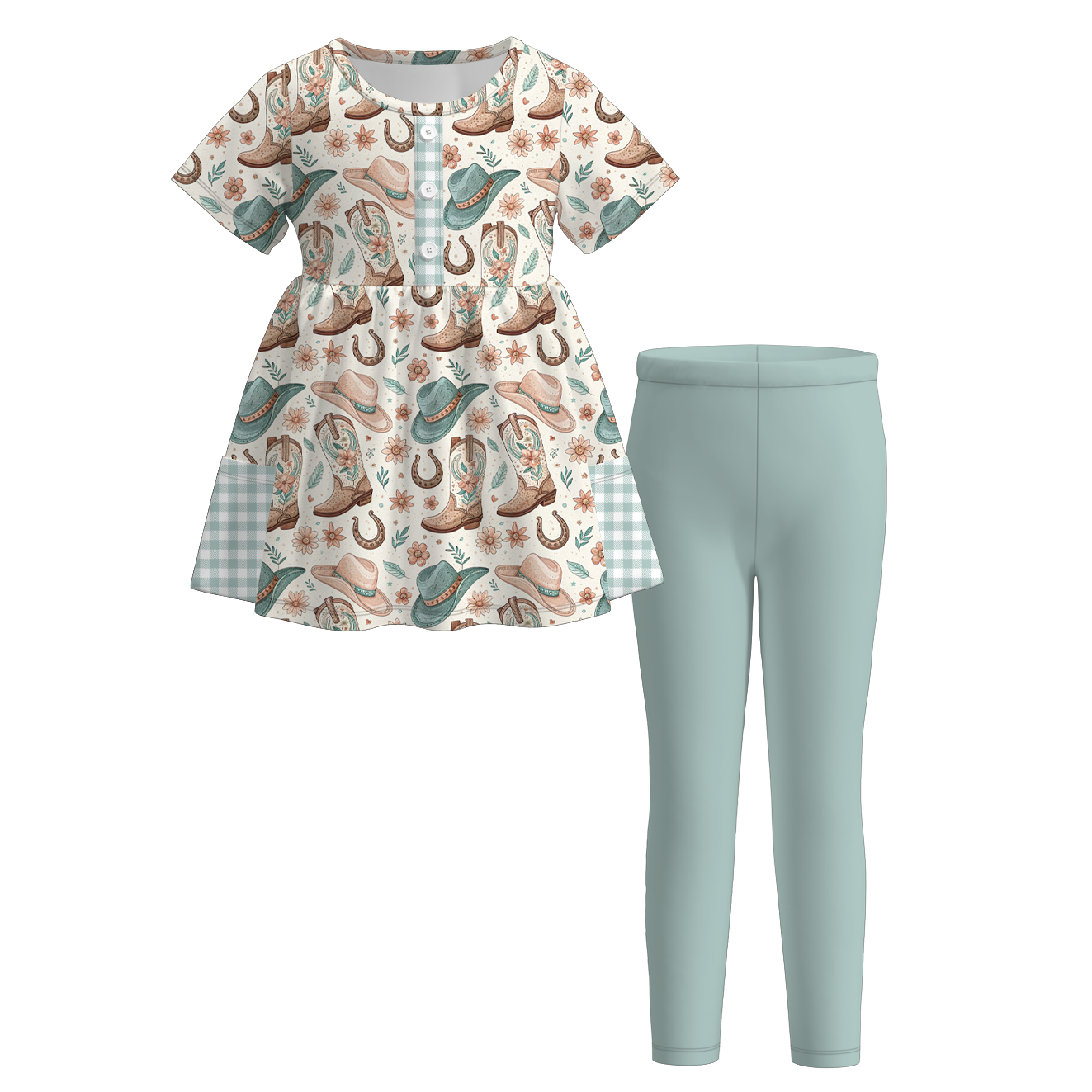 (Pre Order)Girls Fall Farm Chick&Boots Print Outfit Set with Pockets