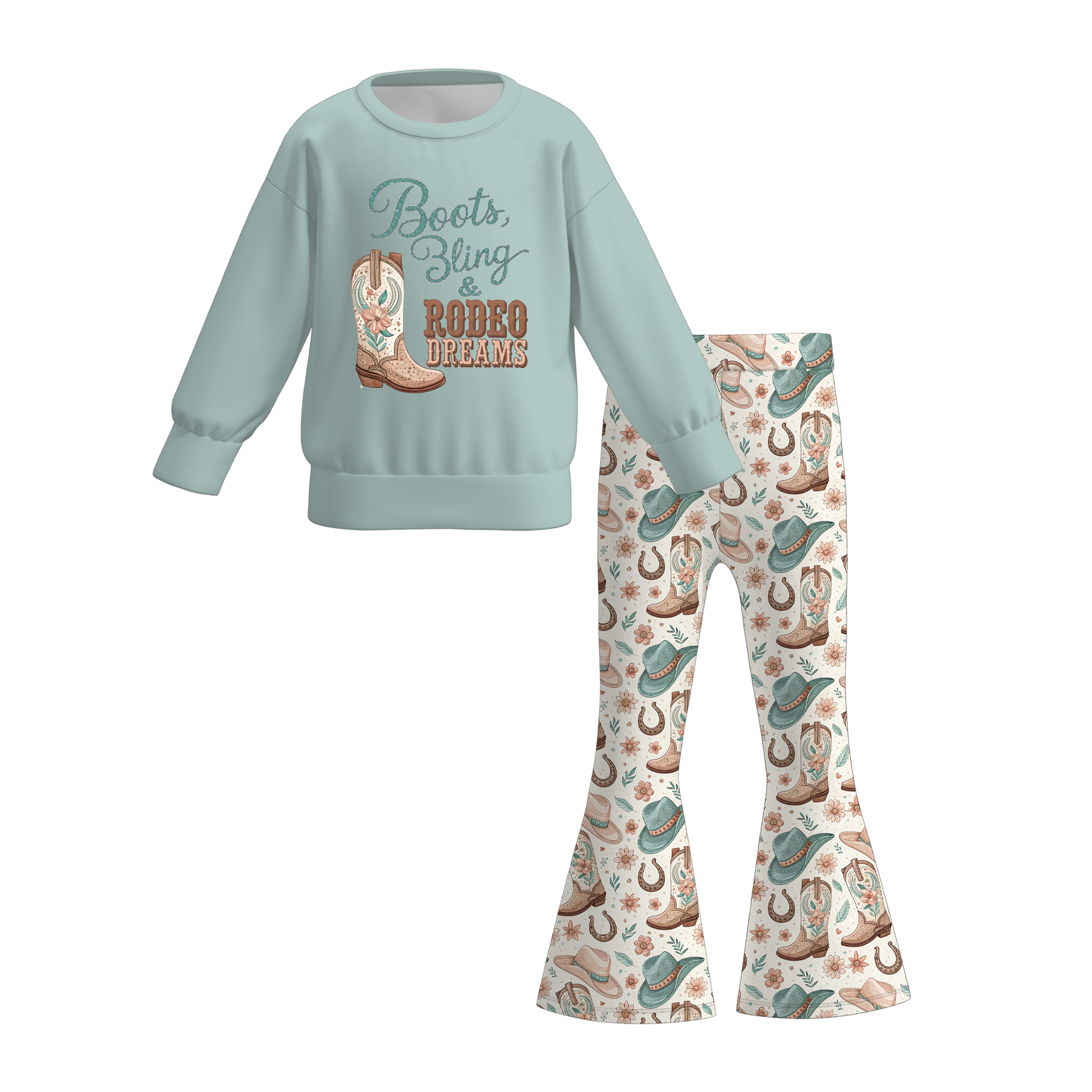 (Pre Order)Girls Fall Bow&Boots Print Sweatshirt Set